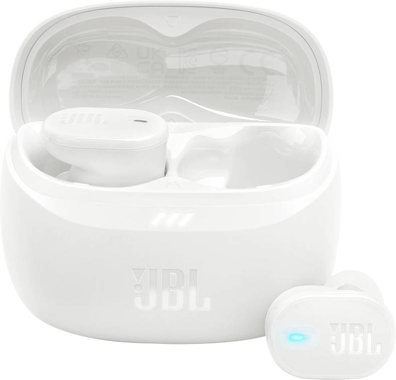 Weiße JBL kabellose Ohrhörer in einem geöffneten Ladeetui, ein Ohrhörer separat gezeigt mit einem blauen LED-Indikatorlicht.