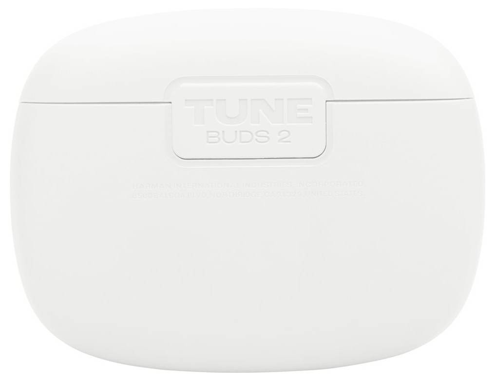 Weißes Etui mit der Aufschrift "TUNE BUDS 2" auf dem Deckel.