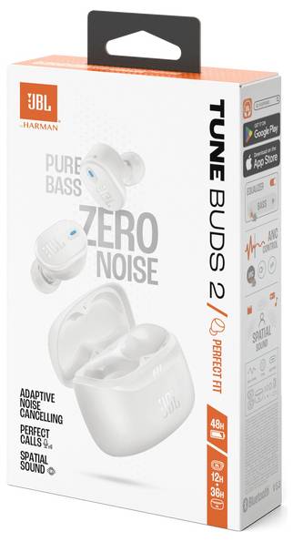 JBL Tune Buds 2 Ohrhörer in einem weißen Ladeetui auf der Verpackung. Hervorgehobene Funktionen: adaptive Geräuschunterdrückung, räumlicher Klang, lange Akkulaufzeit.