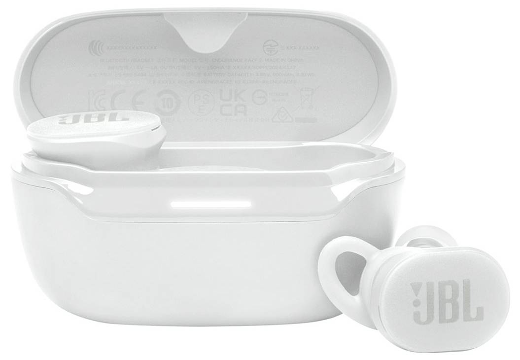 Zwei weiße kabellose Ohrhörer in einem offenen Ladeetui mit sichtbarem 'JBL' Logo. Die Ohrhörer haben ein schlankes Design mit Ohrbügeln für einen sicheren Sitz.