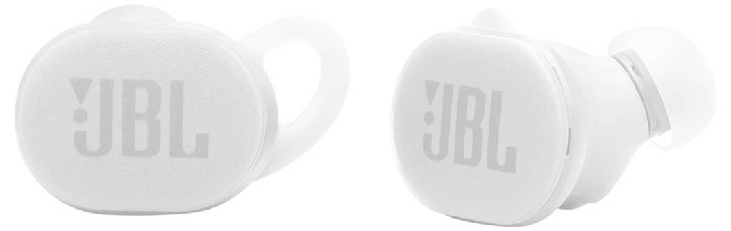 Weiße JBL-Ohrhörer mit Logo, entwickelt für drahtlosen Audioklang, mit kompaktem Design und In-Ear-Passform.
