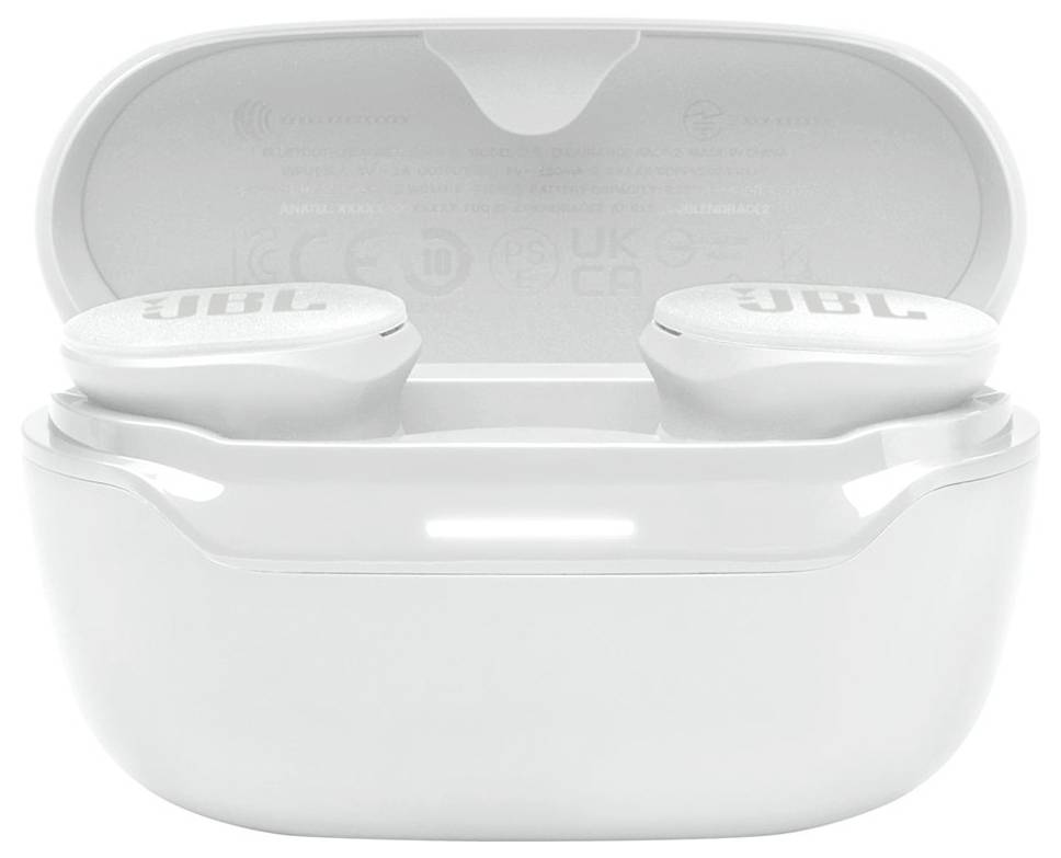 Weiße In-Ear-Wireless-Kopfhörer in einem offenen Ladeetui, auf dem oben das Markenlogo zu sehen ist.