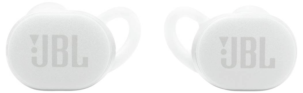 Zwei weiße JBL-Ohrhörer mit sichtbarem JBL-Logo auf jedem Hörer, konzipiert für drahtloses Audioerlebnis.