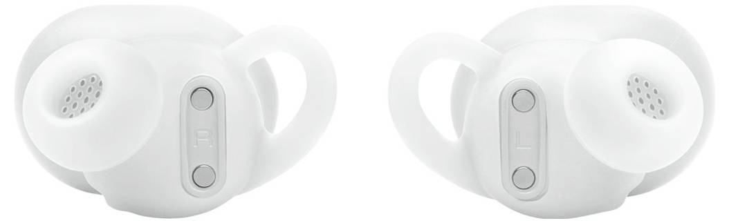 Zwei weiße kabellose Ohrhörer mit weichen Ohreinsätzen und Steuerungstasten werden gezeigt, wobei jeder ein Schlaufendesign für einen sicheren Sitz aufweist.