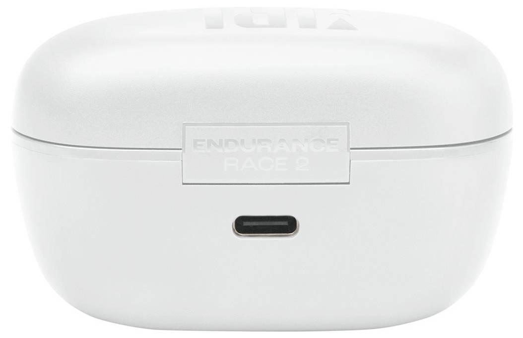 Weiße Ladehülle mit 'ENDURANCE RACE 2' Beschriftung und USB-C-Anschluss für Ohrhörer.