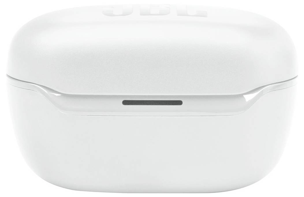 Weiße kabellose Ohrhörer-Etui mit einem schlichten, kompakten Design, das einen dezenten horizontalen Ladeanzeiger auf der Vorderseite aufweist.