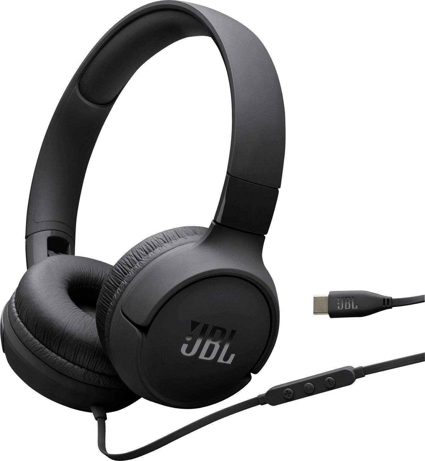 Schwarze Over-Ear-Kopfhörer mit JBL-Logo, ausgestattet mit einem angeschlossenen Kabel mit Bedienfeld und USB-C-Anschluss.