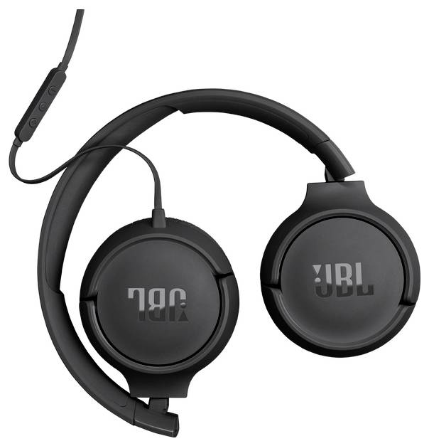 Schwarze Over-Ear JBL-Kopfhörer mit integriertem Mikrofon am Kabel.