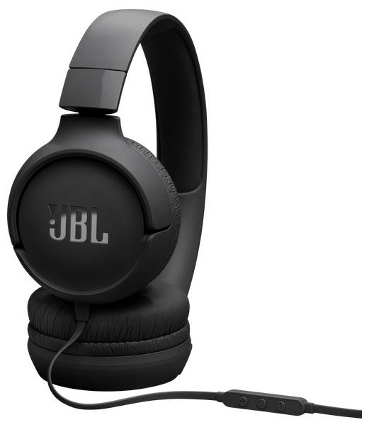 Schwarze Over-Ear-Kopfhörer mit einem JBL-Logo auf der Ohrmuschel und einer Inline-Fernbedienung am Kabel zur Lautstärke- und Titalkontrolle.
