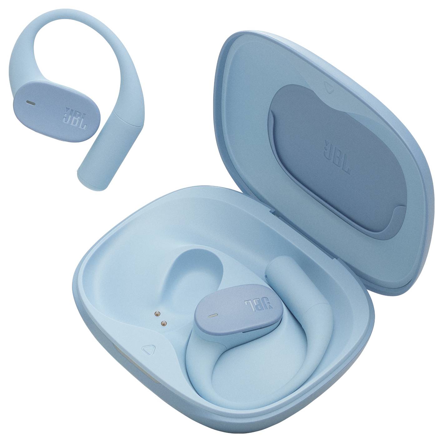 Blaue kabellose Ohrhörer mit einem einzigartigen Schlaufendesign, die in einem geöffneten Ladecase platziert sind. Das Logo der Marke ist sowohl auf den Ohrhörern als auch auf dem Etui sichtbar.