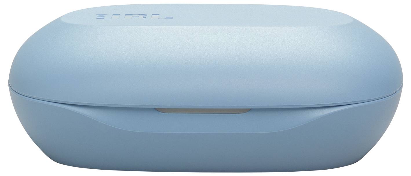 Ein hellblauer, oval geformter Kopfhörer-Etui ist geschlossen, mit einer glatten matten Oberfläche.