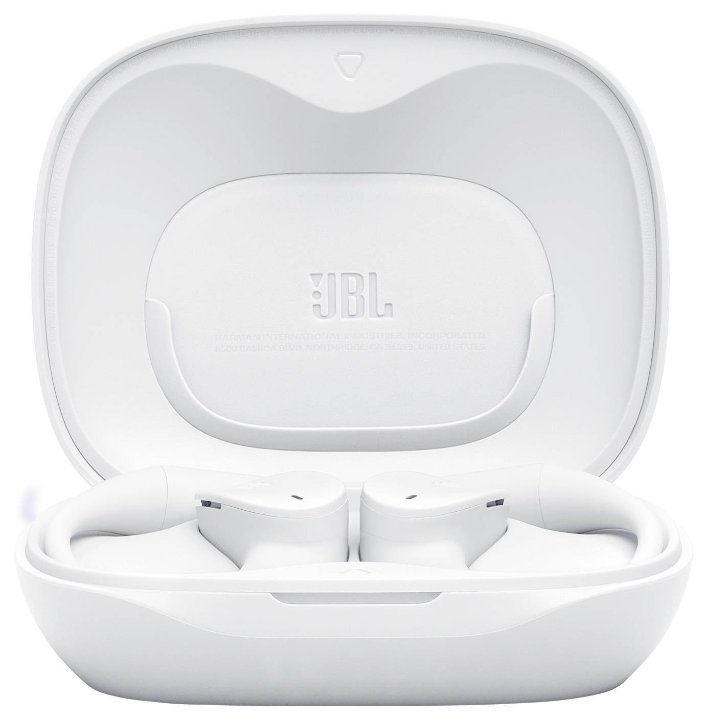 Weiße JBL kabellose Ohrhörer in einem geöffneten Ladecase. Die Ohrhörer sind schlicht und modern und betonen ihr kompaktes Design sowie das Markenlogo.