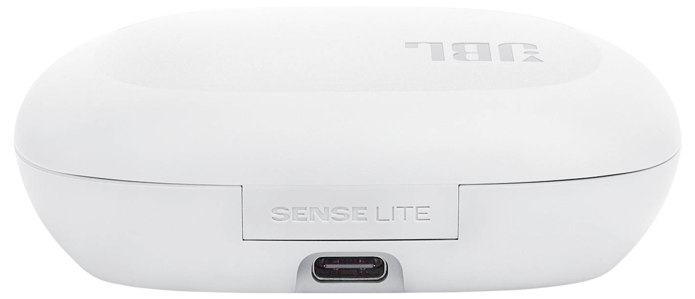 'JBL Sense Lite' Ladeetui in Weiß, mit USB-C-Anschluss an der Vorderseite.