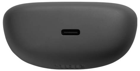 Schwarze, ovale drahtlose Ohrhörer-Ladehülle mit einem USB-C-Anschluss.