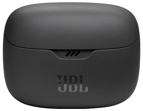 Schwarze JBL-Ohrhörer-Ladebox mit glatter Oberfläche und Logo auf der Vorderseite.