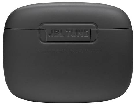 Schwarze JBL Tune Ohrhörer-Ladehülle mit Logo an der Vorderseite.