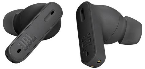 Das Bild zeigt schwarze JBL In-Ear-Wireless-Kopfhörer mit einem eleganten, modernen Design und dem JBL-Logo an den Seiten.