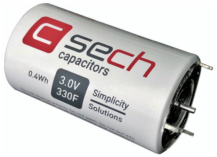 Ein zylindrischer Kondensator mit der Bezeichnung „sech-Kondensatoren" mit Spezifikationen: 3,0 V, 330 F. Beschriftungstext: „Simplicity Solutions".