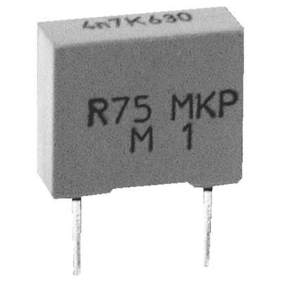Eine rechteckige elektronische Komponente mit zwei Metallanschlüssen und Markierungen, die "R75 MKP M1" zeigen.