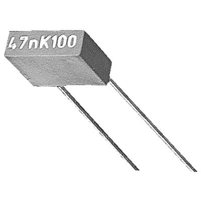 Ein Kondensator mit der Aufschrift "47nK100" auf seinem Gehäuse, versehen mit zwei Metallanschlüssen für elektronische Schaltungsverbindungen.