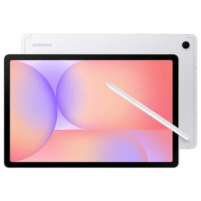 Eine Tablette mit einem weißen Stylus vor einer ähnlichen Tablette, die einen bunten abstrakten Hintergrund zeigt. Die hintere Tablette zeigt den Markennamen.