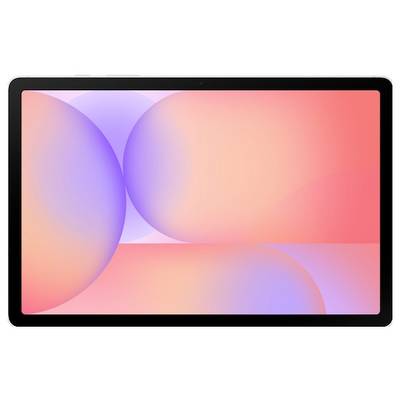 Ein Tablet mit einem lebendigen abstrakten Hintergrund aus sich überlappenden Kreisen in Schattierungen von Orange, Pink und Lila.