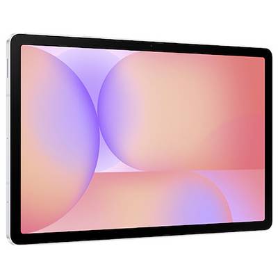 Ein Tablet mit einem farbenfrohen Bildschirm, der abstrakte kreisförmige Designs in pastellrosa und -lila Tönen zeigt.