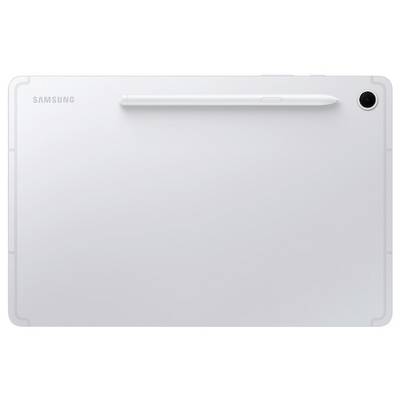 Ein weißes Samsung-Tablet mit einem Stylus, horizontal an der Spitze platziert, von hinten betrachtet.