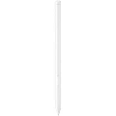 Ein weißer Stylus-Stift mit einer schlanken, zylindrischen Form und einem Knopf nahe der Spitze, entwickelt für digitale Geräte.