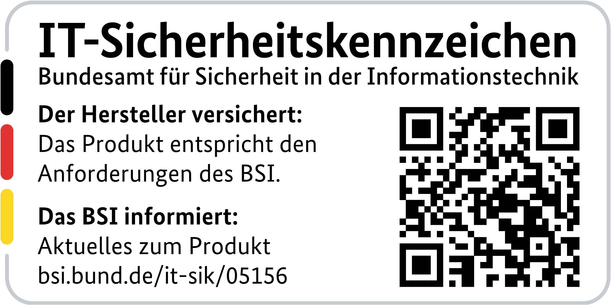 'IT-Sicherheitskennzeichen' des Bundesamts für Sicherheit in der Informationstechnik mit QR-Code und Link zu Produktinformationen.