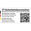 'IT-Sicherheitskennzeichen' des Bundesamts für Sicherheit in der Informationstechnik mit QR-Code und Link zu Produktinformationen.