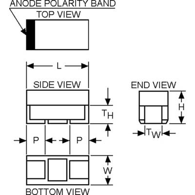 'Schaltplan der elektrischen Komponente mit Draufsicht, Seitenansicht, Endansicht und Unteransicht; beschriftete Abmessungen: L, TH, H, P, W; Polaritätsband der Anode angezeigt.'