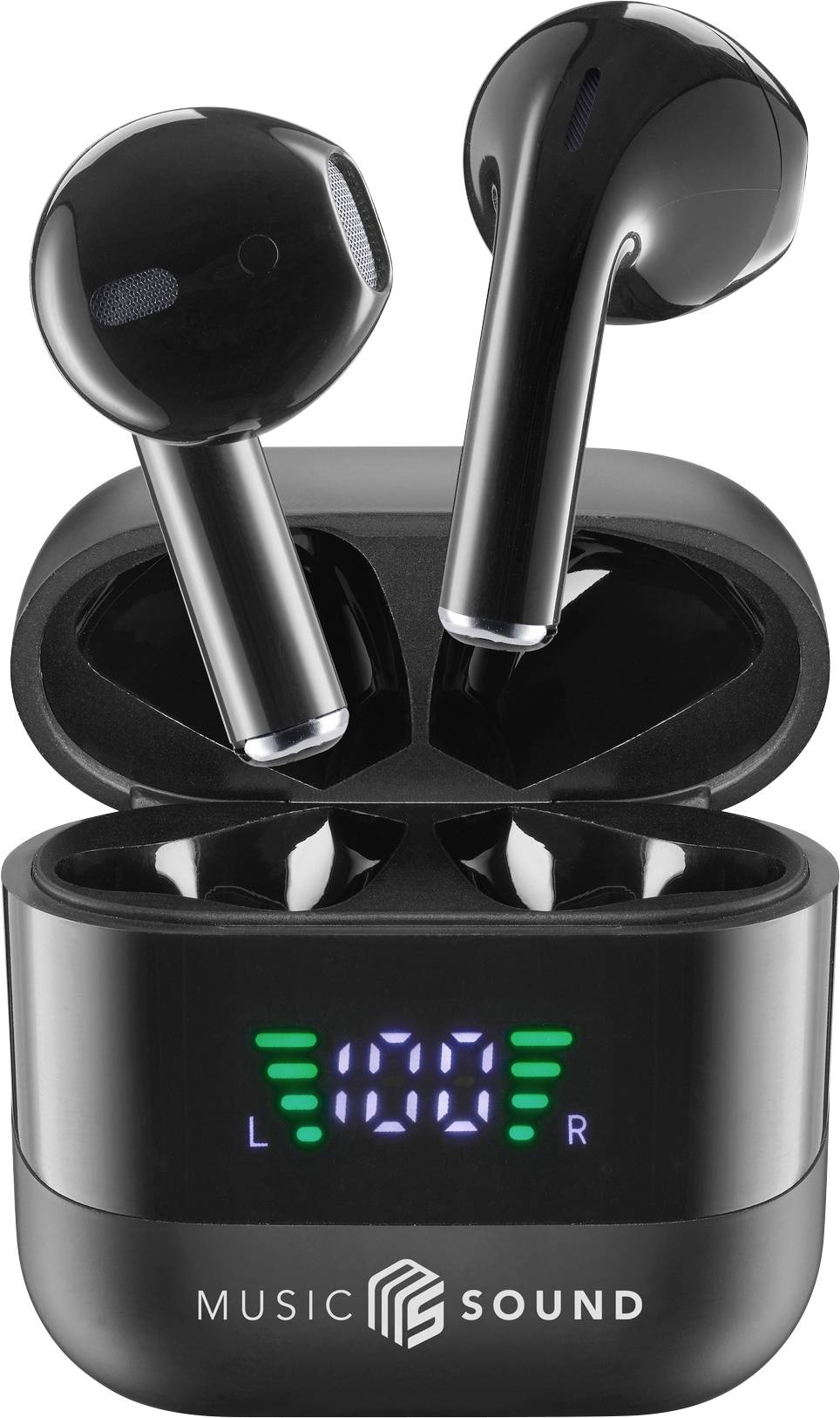 Schwarze kabellose Ohrhörer in einem offenen Ladeetui mit einer digitalen Anzeige, die '100' und Batteriesymbole mit den Beschriftungen 'L' und 'R' zeigt.