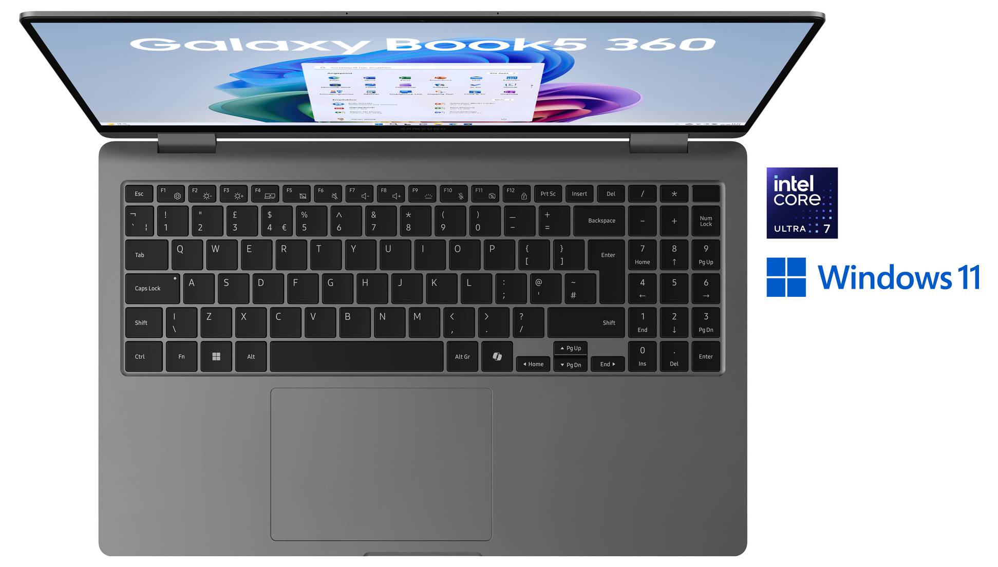 Ein Laptop mit einer schwarzen Tastatur ist geöffnet und zeigt einen Bildschirm mit App-Symbolen. Die Logos von 'Galaxy Book3 360', 'Intel Core i7' und 'Windows 11' erscheinen daneben.