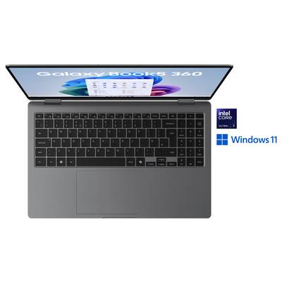 Ein Laptop mit einer schwarzen Tastatur ist geöffnet und zeigt einen Bildschirm mit App-Symbolen. Die Logos von 'Galaxy Book3 360', 'Intel Core i7' und 'Windows 11' erscheinen daneben.