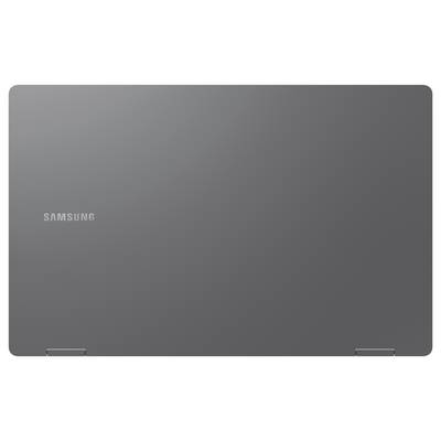 Das Bild zeigt den geschlossenen Deckel eines Samsung-Laptops in einem eleganten, dunkelgrauen Finish.
