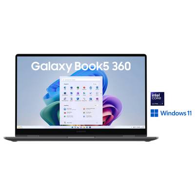 Laptop mit Windows 11 Startbildschirm, der den Text 'Galaxy Book3 360' darüber zeigt. Weist einen Intel Core i7 Prozessor aus.