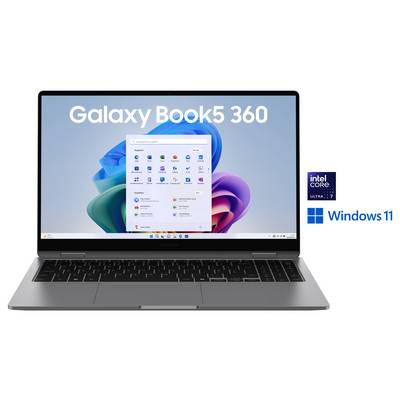 Ein Laptop-Bildschirm, auf dem Windows 11 mit dem Text "Galaxy Book3 360" angezeigt wird. Intel Core i7- und Windows 11-Logos befinden sich neben dem Laptop.