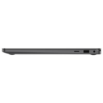 Seitenansicht eines geschlossenen Laptops mit USB-Anschlüssen und einem Audioeingang.