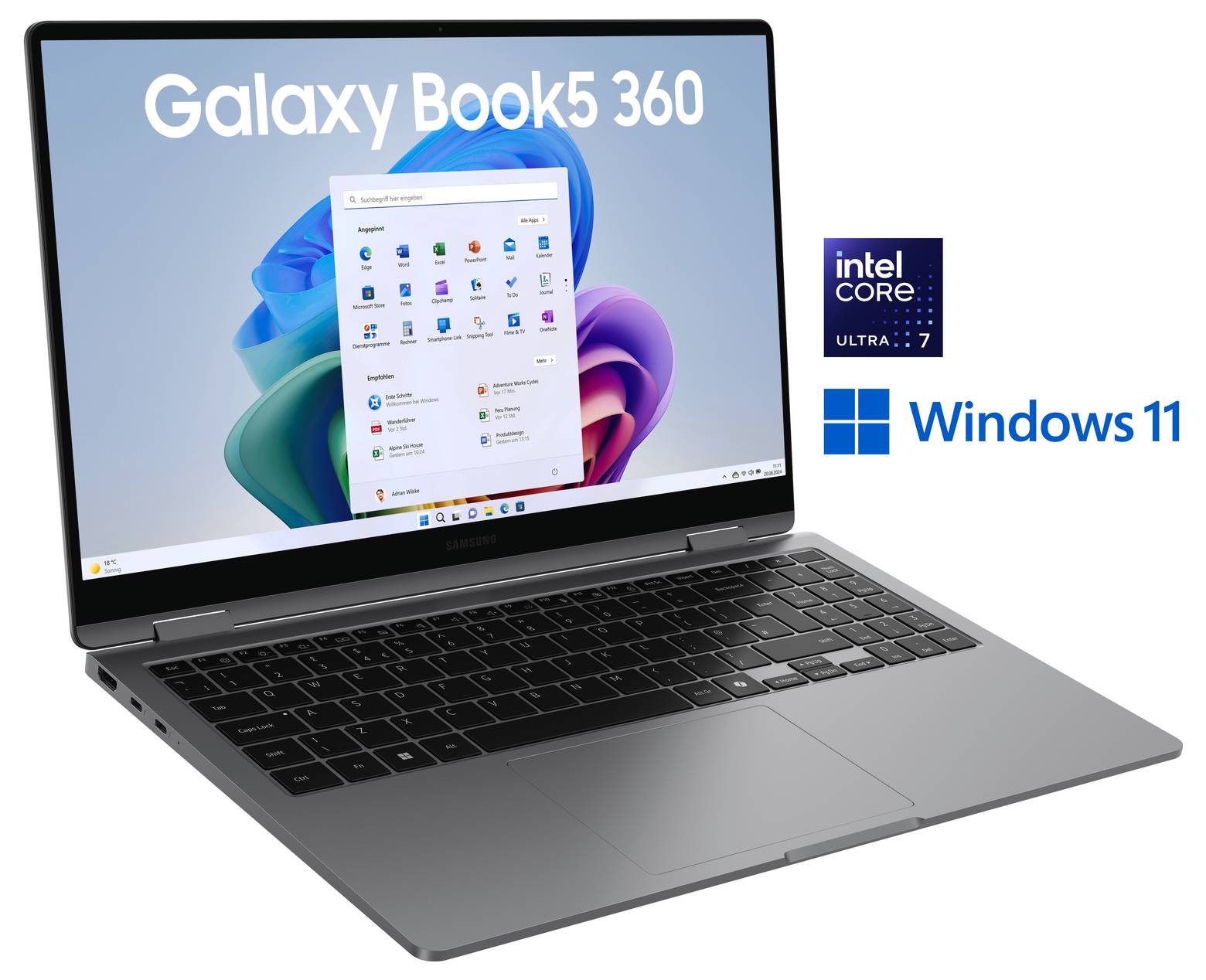 Ein Galaxy Book5 360 Laptop, der den Windows 11 Startbildschirm anzeigt. Ausgestattet mit Intel Core i7, was Leistung und Softwarefähigkeiten hervorhebt.
