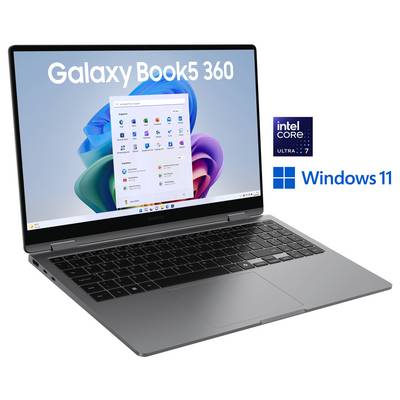 Ein Galaxy Book5 360 Laptop, der den Windows 11 Startbildschirm anzeigt. Ausgestattet mit Intel Core i7, was Leistung und Softwarefähigkeiten hervorhebt.