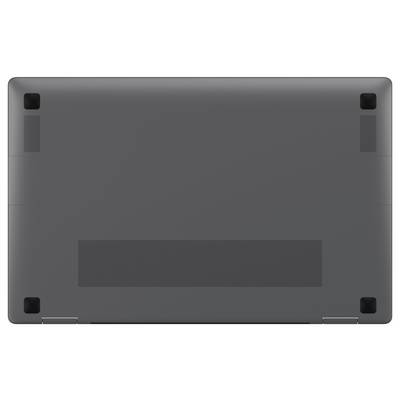 Das Bild zeigt die Unterseite eines geschlossenen Laptops mit vier Gummifüßen, Lüftungsgittern und Scharnierbereichen, was auf ein tragbares Design hindeutet.