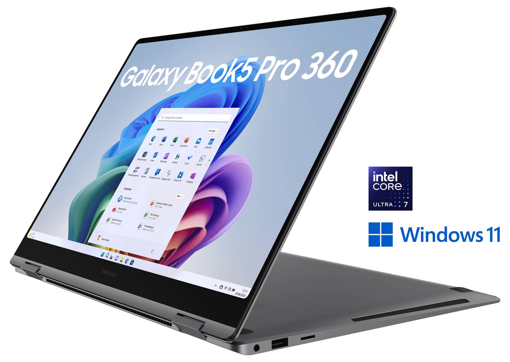 Laptop 'Galaxy Book3 Pro 360' im Tabletmodus, der die Windows 11-Benutzeroberfläche anzeigt, mit Intel Core i7- und Windows 11-Logos in der Nähe.