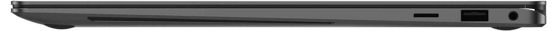 Das Bild zeigt ein Seitenprofil eines geschlossenen schwarzen Laptops mit sichtbaren Anschlüssen und Steckplätzen an der rechten Seite.