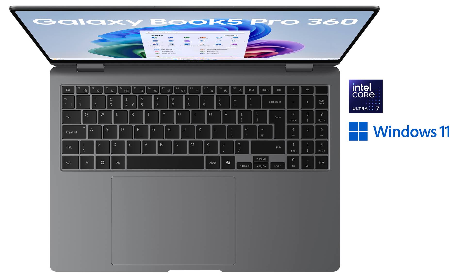 Laptop geöffnet mit 'Galaxy Book3 Pro 360' auf dem Bildschirm, mit einem Intel Core i7-Aufkleber und dem Windows 11-Logo auf der rechten Seite.