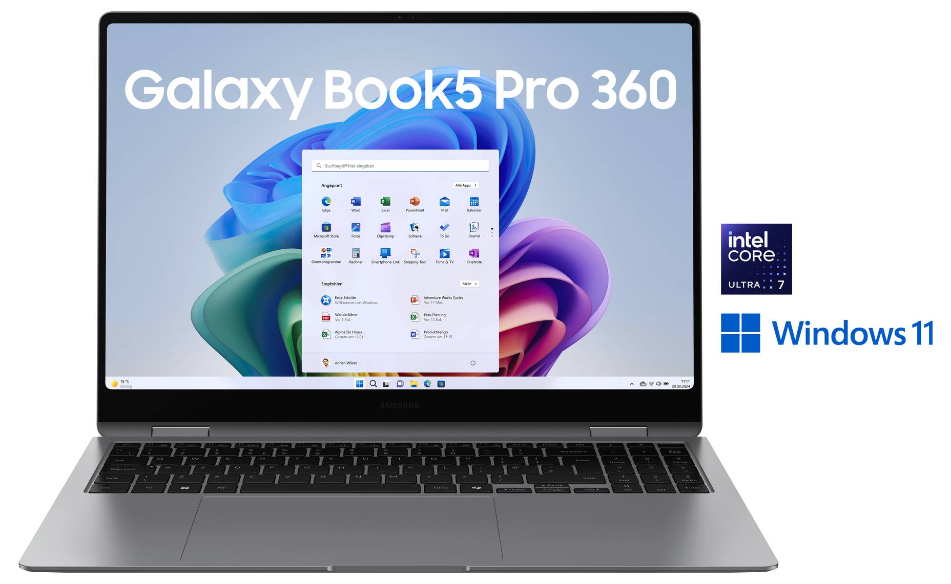 Laptop mit dem Bildschirm des 'Galaxy Book3 Pro 360', auf dem das Windows 11-Startmenü zu sehen ist, zusammen mit dem Intel Core Ultra7- und Windows 11-Logo.
