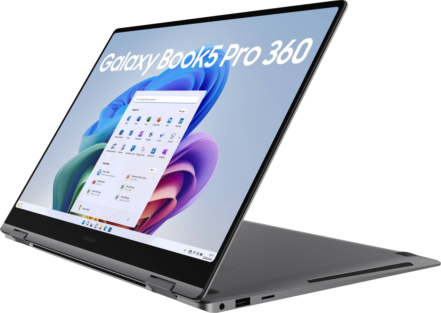 Laptop mit der Aufschrift "Galaxy Book3 Pro 360" mit einem lebendigen Bildschirm, der den Windows-Desktop zeigt, auf einer flachen Oberfläche platziert; dünnes und schlankes Design.