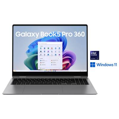 Ein Samsung Galaxy Book3 Pro 360 Laptop, auf dessen Bildschirm das Windows 11 Startmenü angezeigt wird. Logos für Intel Core i7 und Windows 11 befinden sich daneben.