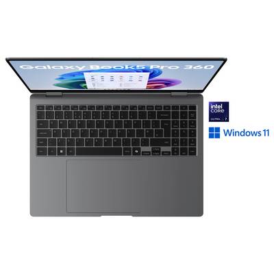 Ein Draufsicht-Bild eines Galaxy Book3 Pro 360 Laptops mit geöffnetem Bildschirm, auf dem die Windows 11 Benutzeroberfläche zu sehen ist. Intel Core i7 und Windows 11 Logos sind sichtbar.