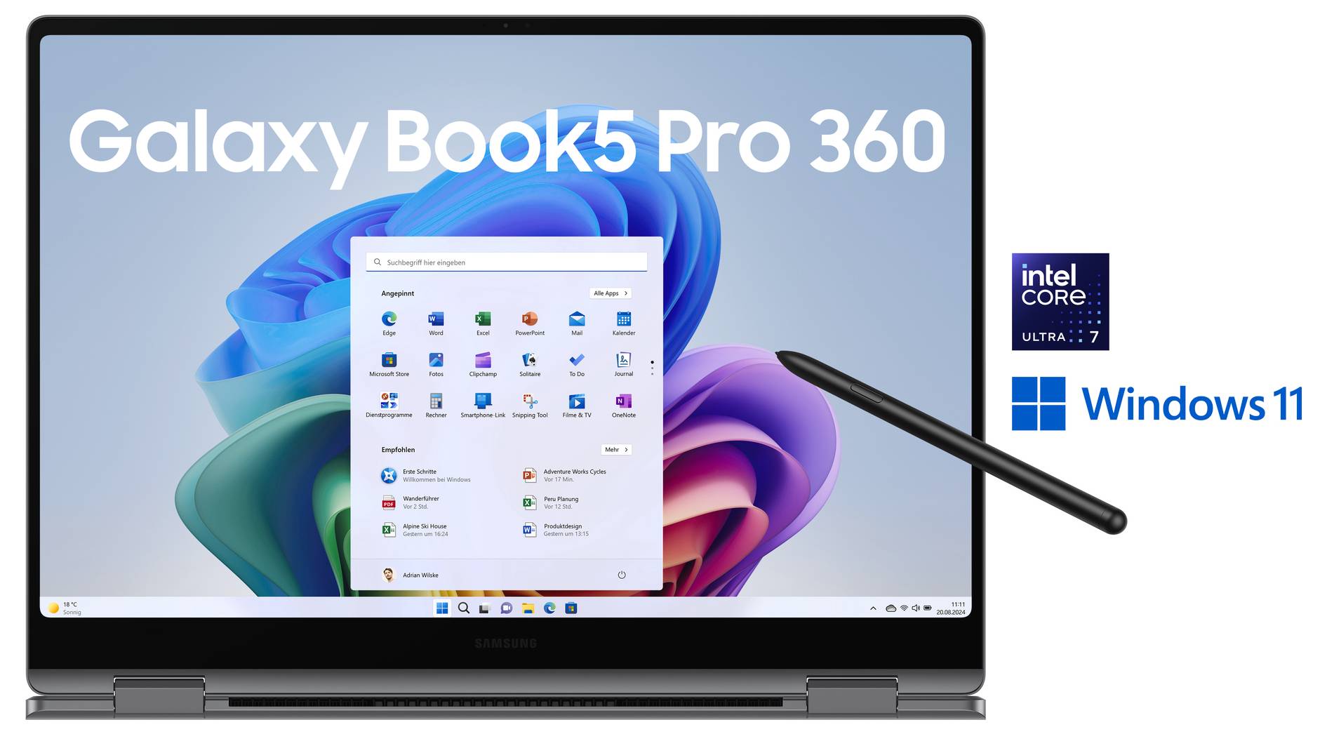 Ein Laptop mit der Anzeige "Galaxy Book5 Pro 360", ausgestattet mit Windows 11 und Intel Core i7, präsentiert mit einem Stylus-Stift.